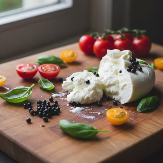 Dark glossy balsamic pearls on rustic wooden board with torn burrata cheese, fresh basil, and cherry tomatoes in natural lighting