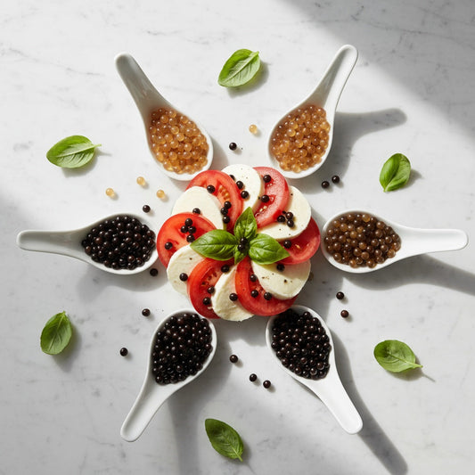Six varieties of Sticky Balsamic Pearls displayed in white ceramic spoons around a caprese salad with fresh mozzarella, tomatoes, and basil on marble surface