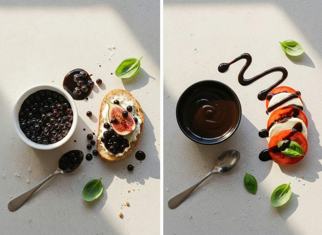 Side‑by‑side comparison of balsamic pearls on crostini and balsamic glaze on caprese, highlighting the visual and textural differences between pearls and glaze for gourmet finishing.