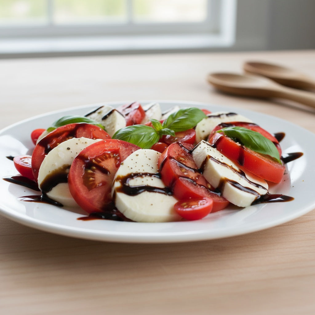Fresh caprese salad with ripe tomatoes, mozzarella cheese, and basil drizzled with dark balsamic vinegar on white plate