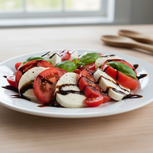 Fresh caprese salad with ripe tomatoes, mozzarella cheese, and basil drizzled with dark balsamic vinegar on white plate