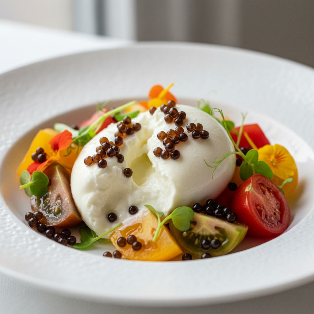 Glossy balsamic vinegar pearls arranged on fresh burrata cheese with heirloom tomatoes and microgreens on white plate