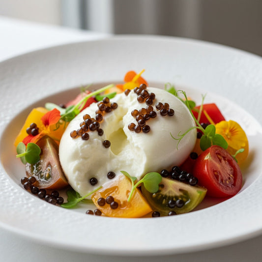 Glossy balsamic vinegar pearls arranged on fresh burrata cheese with heirloom tomatoes and microgreens on white plate