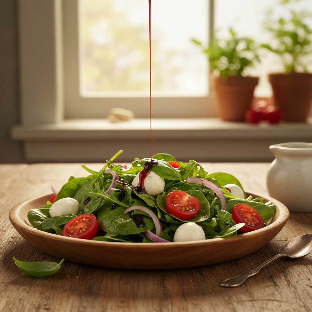 Fresh garden salad with balsamic vinegar drizzle, mixed greens, cherry tomatoes, and creamy mozzarella cheese