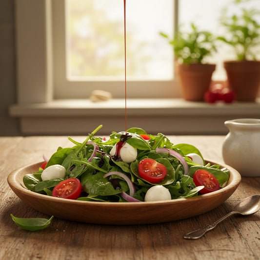Fresh garden salad with balsamic vinegar drizzle, mixed greens, cherry tomatoes, and creamy mozzarella cheese
