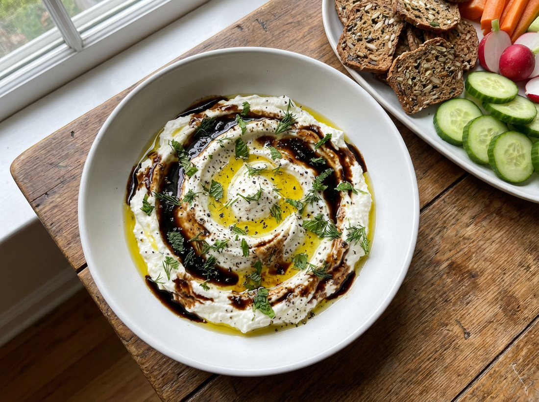 A modern white bowl filled with creamy whipped feta dip, swirled with Sticky Balsamic Premium Fig and drizzled with olive oil, garnished with fresh herbs and cracked black pepper.