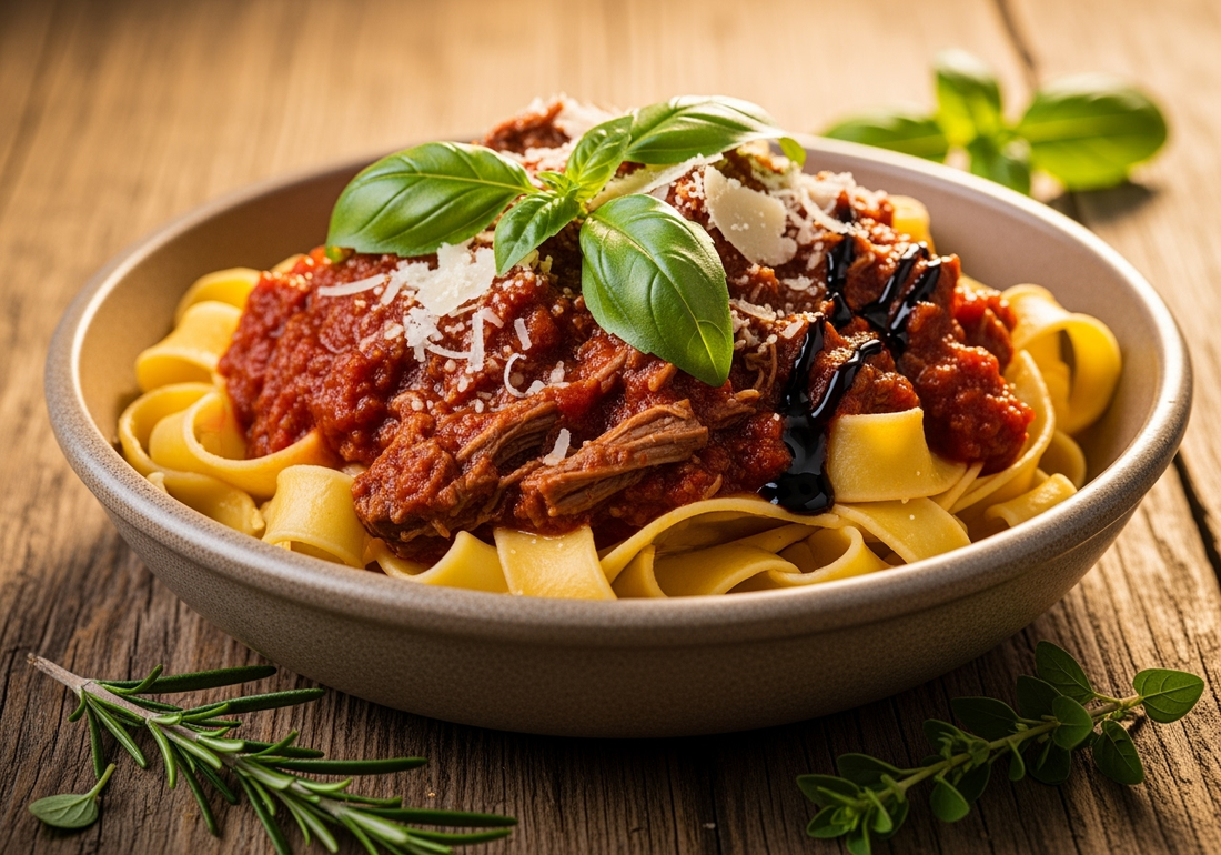 Rich, dark beef ragu with tender meat pieces in a glossy black garlic balsamic sauce, served over fresh pappardelle pasta and garnished with herbs and parmesan cheese