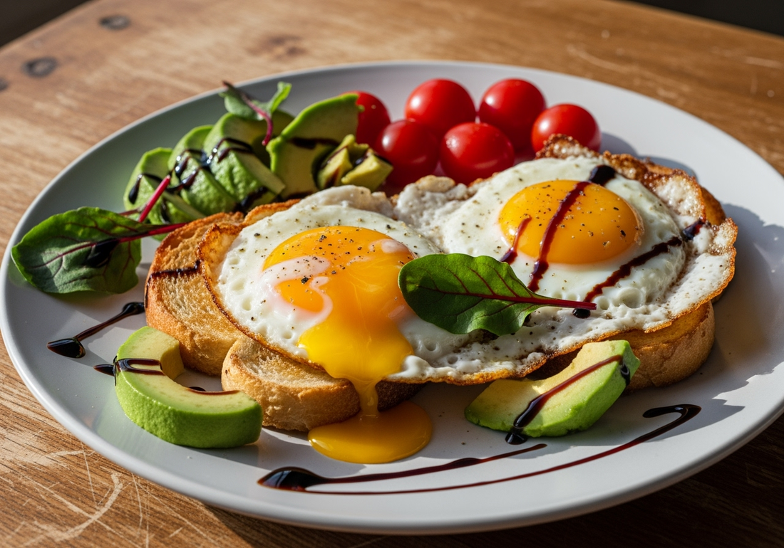 Home-style breakfast plate with fried eggs on toast, sliced avocado, cherry tomatoes, and greens, drizzled with dark Sticky Balsamic Black Garlic