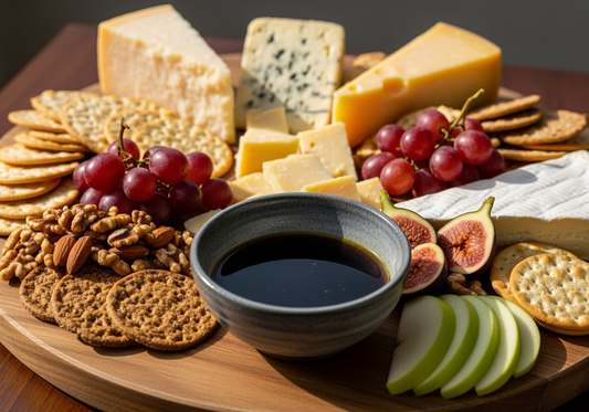 Elegant cheese board featuring various artisanal cheeses, fresh grapes, figs, nuts and crackers arranged around a small bowl of dark Sticky Balsamic Black Garlic on a wooden serving board