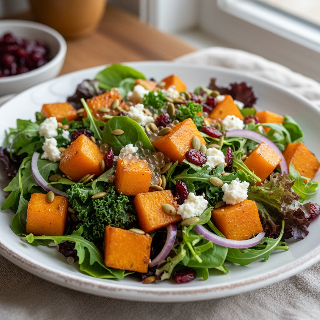 Roasted butternut squash salad with mixed greens, crumbled goat cheese, pepitas, cranberries and quince balsamic pearls on white platter