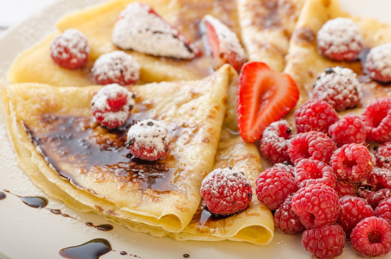 Crepes with Sticky Balsamic, Strawberries and Raspberries