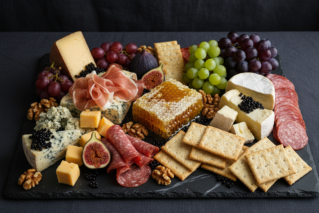 Sticky Balsamic Pearls with a cheese and charcuterie board, on a black background