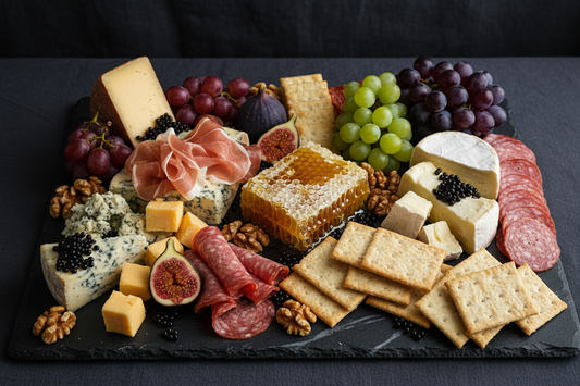 Sticky Balsamic Pearls with a cheese and charcuterie board, on a black background