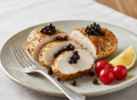 Short, medallion-style slices of herb-roasted chicken breast on a platter, topped with glossy Fig Balsamic Pearls and fresh herbs.