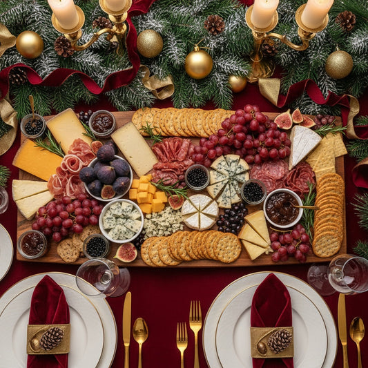 Luxury Christmas gift guide for foodies featuring gourmet cheese board with Sticky Balsamic pearls, fresh figs, and festive holiday decorations