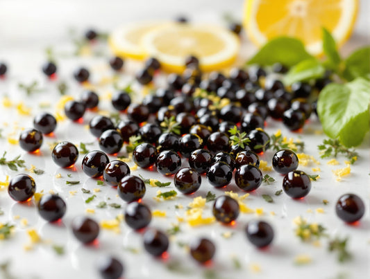 Dark balsamic pearls scattered on white marble surface with fresh lemon slices and herbs, showcasing molecular gastronomy citrus enhancement techniques