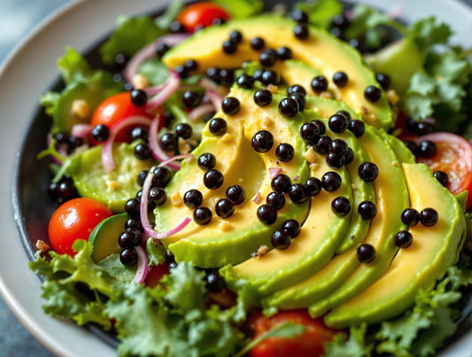 Complete guide to avocado in salad featuring fresh avocado slices with Sticky Balsamic pearls and colorful salad ingredients showcasing healthy gourmet combinations