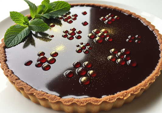 Dark chocolate tart with glossy mirror glaze topped with Sticky Balsamic Premium Pomegranate Pearls arranged in constellation pattern and edible gold dust on white plate
