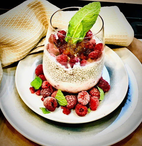 Breakfast with Chia, Yoghurt, Fruit and Sticky Balsamic Pearls