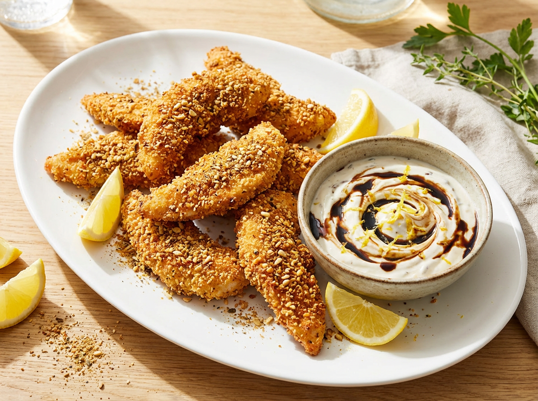 Crispy dukkah-crusted chicken tenders arranged on a white platter, served with a bowl of creamy balsamic yoghurt dip swirled with lemon zest.