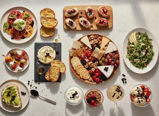 Gourmet entertaining spread with salads, crostini, cheese board, yogurt parfaits, avocado toast, caprese, and desserts topped with balsamic pearls, showcasing easy 10‑minute dishes that look fancy.