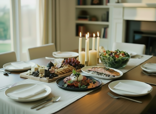 Elegant dinner party table set with charcuterie, caprese salad, herb‑roasted salmon, fresh green salad, and glowing candles, styled for effortless entertaining.