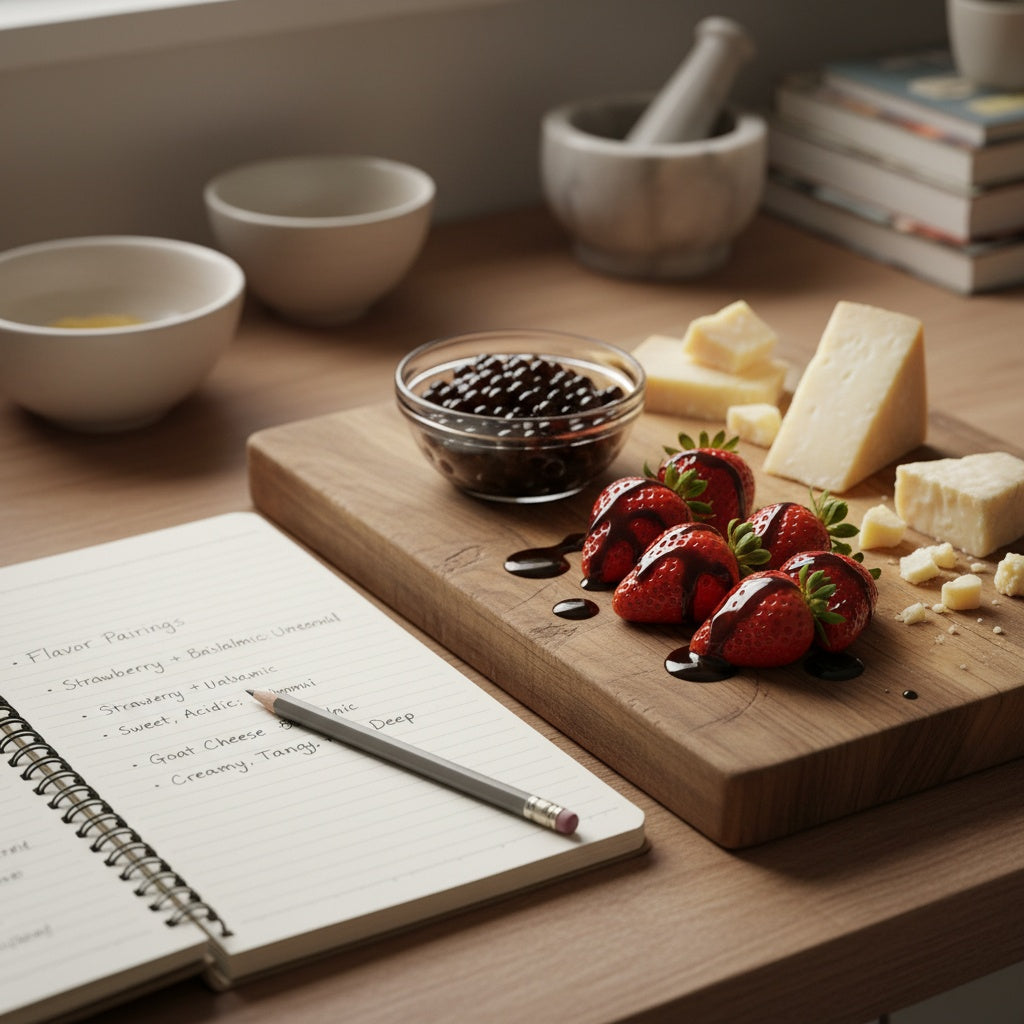 Fresh strawberries drizzled with Sticky Balsamic vinegar on a wooden cutting board alongside cheese, balsamic pearls in a glass dish, and handwritten flavor pairing notes in a notebook - demonstrating the science of flavor combinations