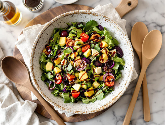 Fresh salad in bowl on wooden board with marble table, drizzled with Sticky Balsamic vinegar and wooden serving spoons ready to serve
