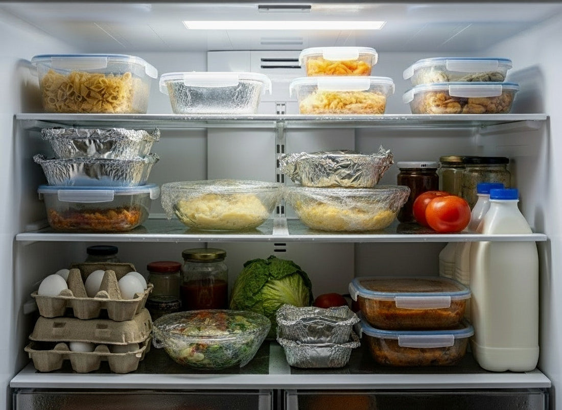 Open refrigerator interior showing leftover containers and everyday food items, representing the starting point for leftover transformation recipes.