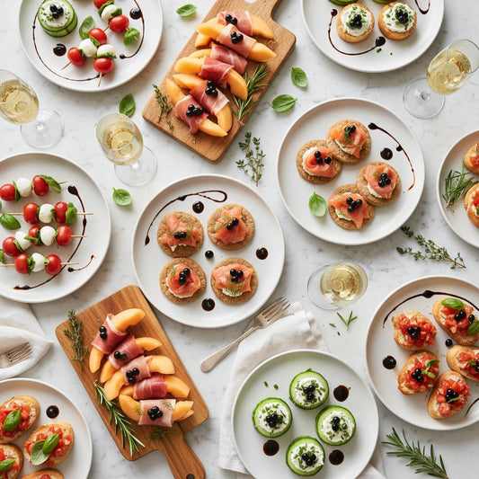 Overhead view of elegant cocktail party spread with gourmet canapés topped with Sticky Balsamic pearls and champagne glasses on white marble