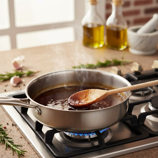 Balsamic vinegar caramelizing in stainless steel pan with wooden spoon, showing reduction technique