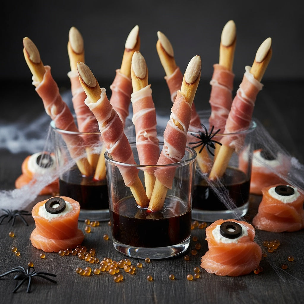 Photorealistic close-up of prosciutto-wrapped breadsticks styled as witches' fingers with almond fingernails, standing in small glasses with Sticky Balsamic Fig at the bottom for dipping. 