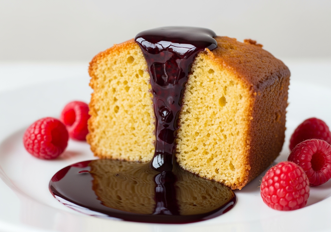 "Golden gooey butter cake slice on white plate drizzled with smooth Sticky Balsamic Premium Raspberry glaze, garnished with fresh raspberries
