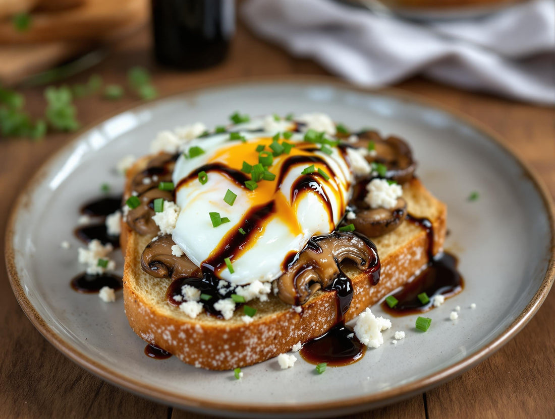 Gourmet mushroom and poached egg toast with Sticky Balsamic Premium Truffle drizzled over perfectly poached egg, sautéed mushrooms, and crumbled feta on artisan sourdough