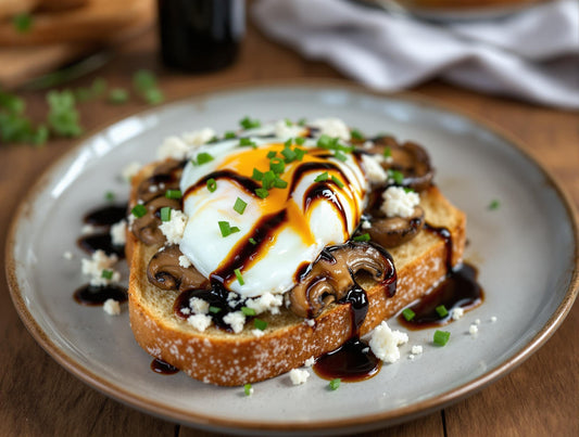 Gourmet mushroom and poached egg toast with Sticky Balsamic Premium Truffle drizzled over perfectly poached egg, sautéed mushrooms, and crumbled feta on artisan sourdough