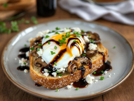Gourmet mushroom and poached egg toast with Sticky Balsamic Premium Truffle drizzled over perfectly poached egg, sautéed mushrooms, and crumbled feta on artisan sourdough
