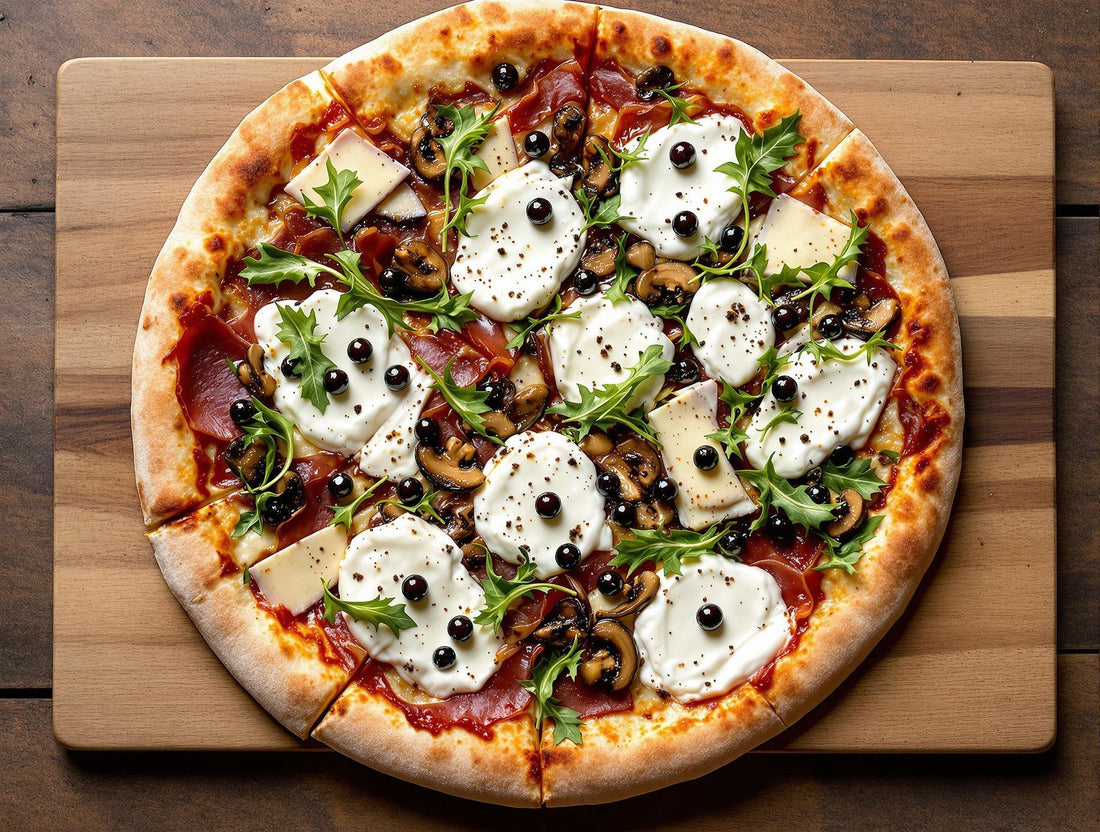 Gourmet wild mushroom and burrata pizza topped with Sticky Balsamic Premium Truffle Pearls, prosciutto, and fresh arugula on a wooden board