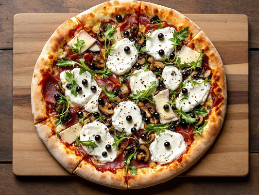 Gourmet wild mushroom and burrata pizza topped with Sticky Balsamic Premium Truffle Pearls, prosciutto, and fresh arugula on a wooden board