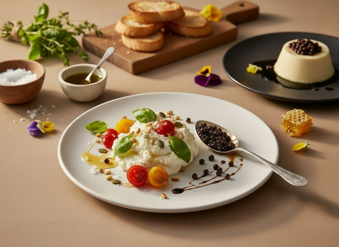 Restaurant‑style plated dish with creamy cheese, tomatoes, basil, seeds, toasted bread, panna cotta, and balsamic pearls, showcasing easy gourmet upgrades for chef‑level presentation.