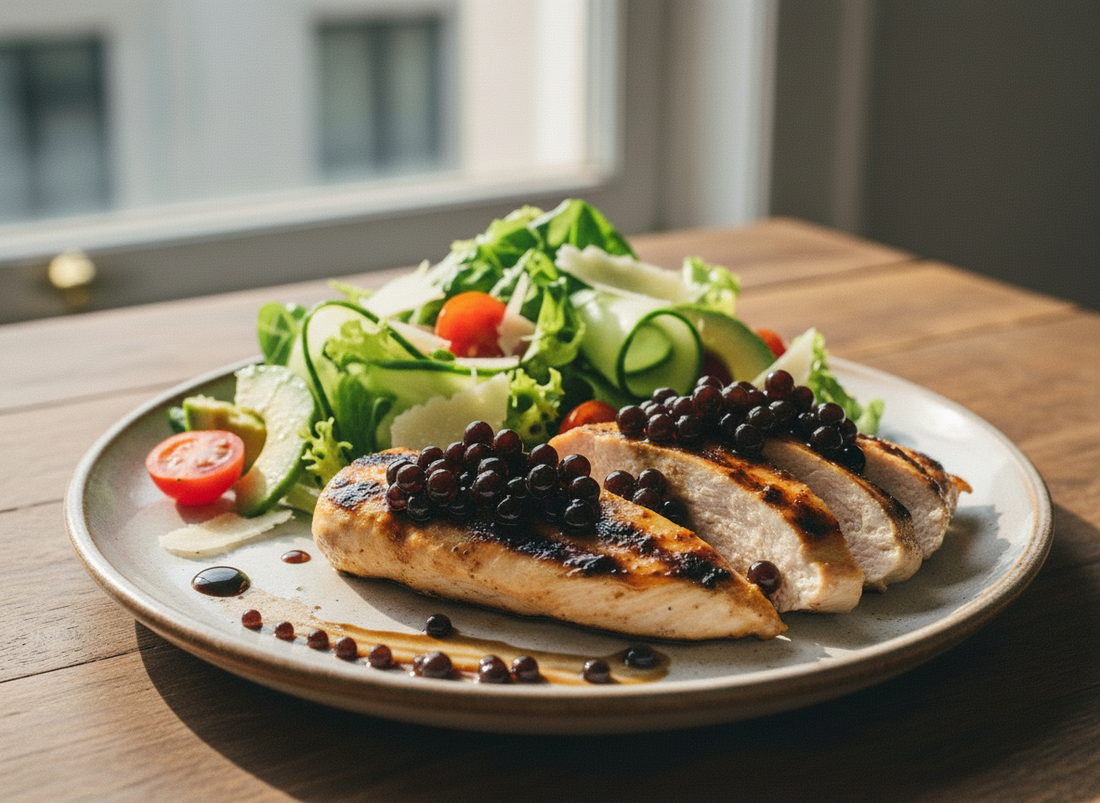 Grilled chicken topped with Sticky Balsamic Pearls served with a fresh salad of greens, cucumber ribbons, tomatoes, and cheese.