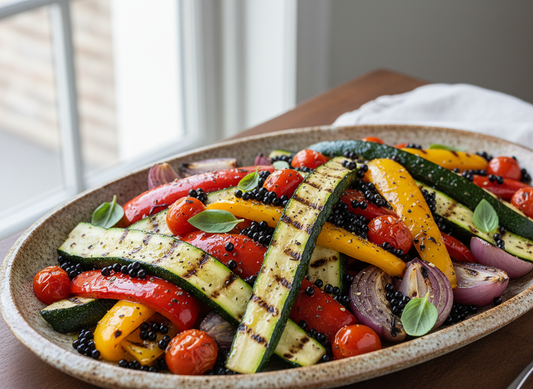 A colorful platter of grilled vegetables topped with Sticky Balsamic Pearls.