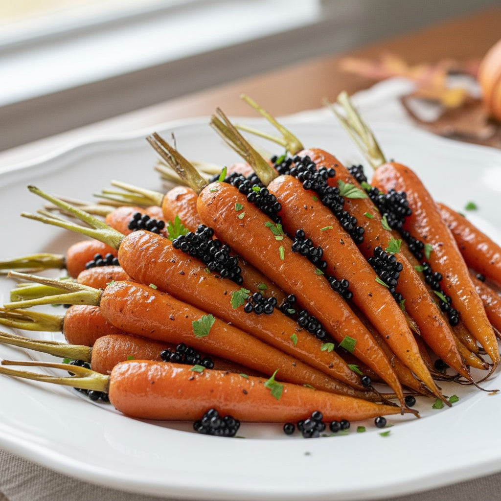 Glossy honey glazed baby carrots with green tops on white platter topped with truffle balsamic pearls, fresh thyme and parsley