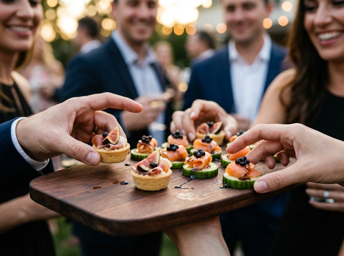 A hyper-realistic party scene featuring elegant canapés topped with glossy balsamic vinegar pearls and a delicate balsamic drizzle, arranged on a table with guests’ hands reaching for the food.