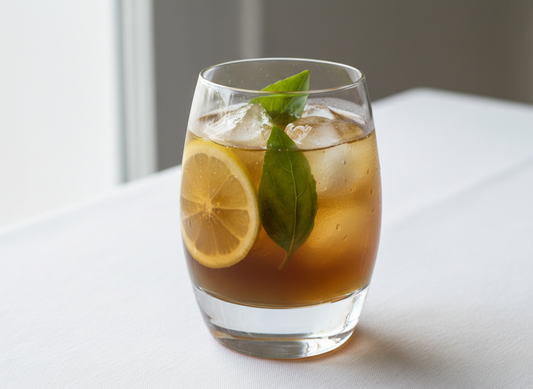 Ultra photo-realistic glass of Lemon Balsamic & Basil Smash mocktail with a rich, darker golden-brown liquid, cloudy apple juice, ice cubes, fresh lemon slices, and vibrant basil leaves, on a crisp white tabletop in natural daylight.