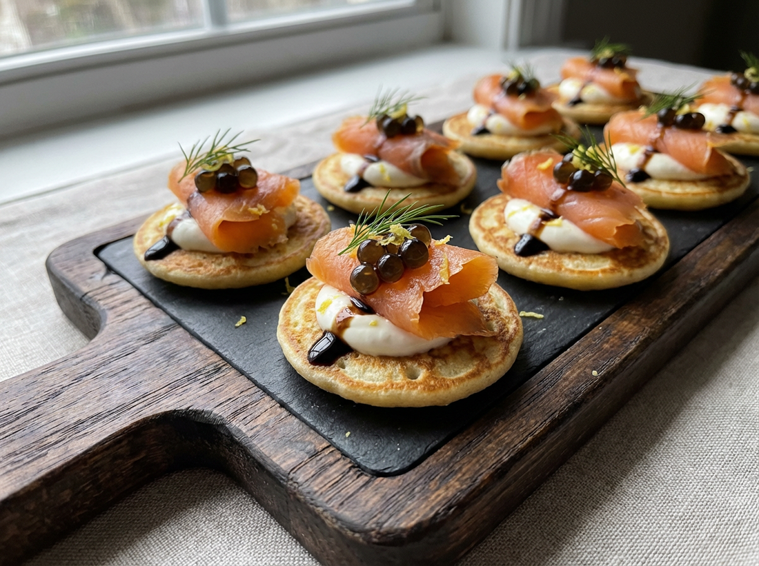 Mini blinis topped with creamy crème fraîche, delicate folds of smoked salmon, glossy dark Sticky Balsamic Lemon Pearls, a fine drizzle of balsamic reduction, fresh dill, and lemon zest, arranged on a modern serving board in natural light. 