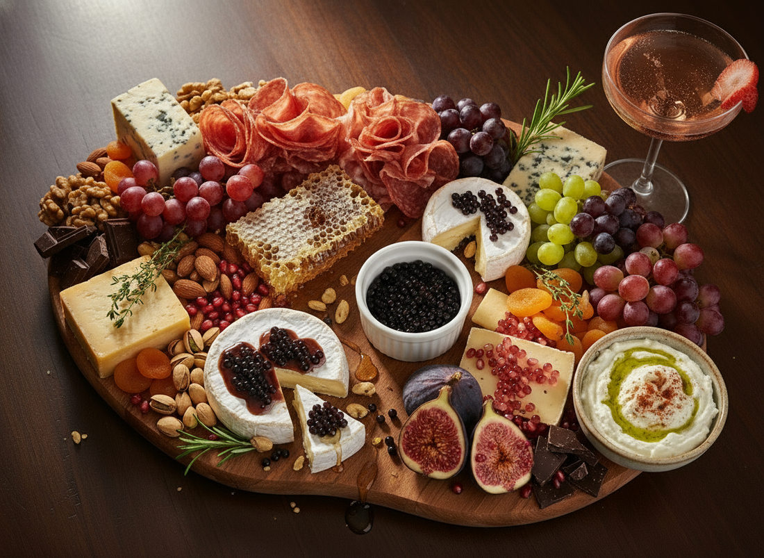 Luxurious charcuterie board with gourmet cheeses, cured meats, figs, grapes, nuts, honeycomb, dip, and a bowl of balsamic pearls, styled for elevated entertaining.