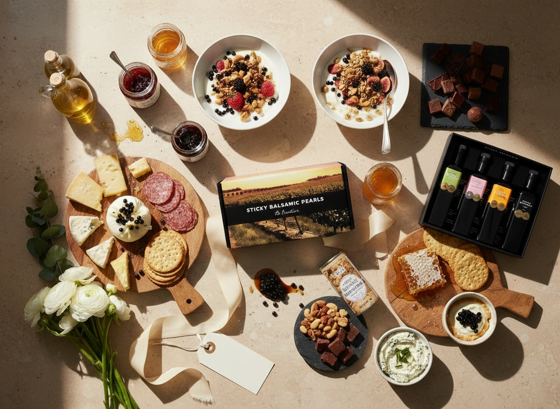 Luxury gourmet gift set featuring Sticky Balsamic Pearls, artisan cheeses, yogurt bowls with berries, honey, jams, nuts, chocolate, and premium condiments arranged beautifully for gifting.