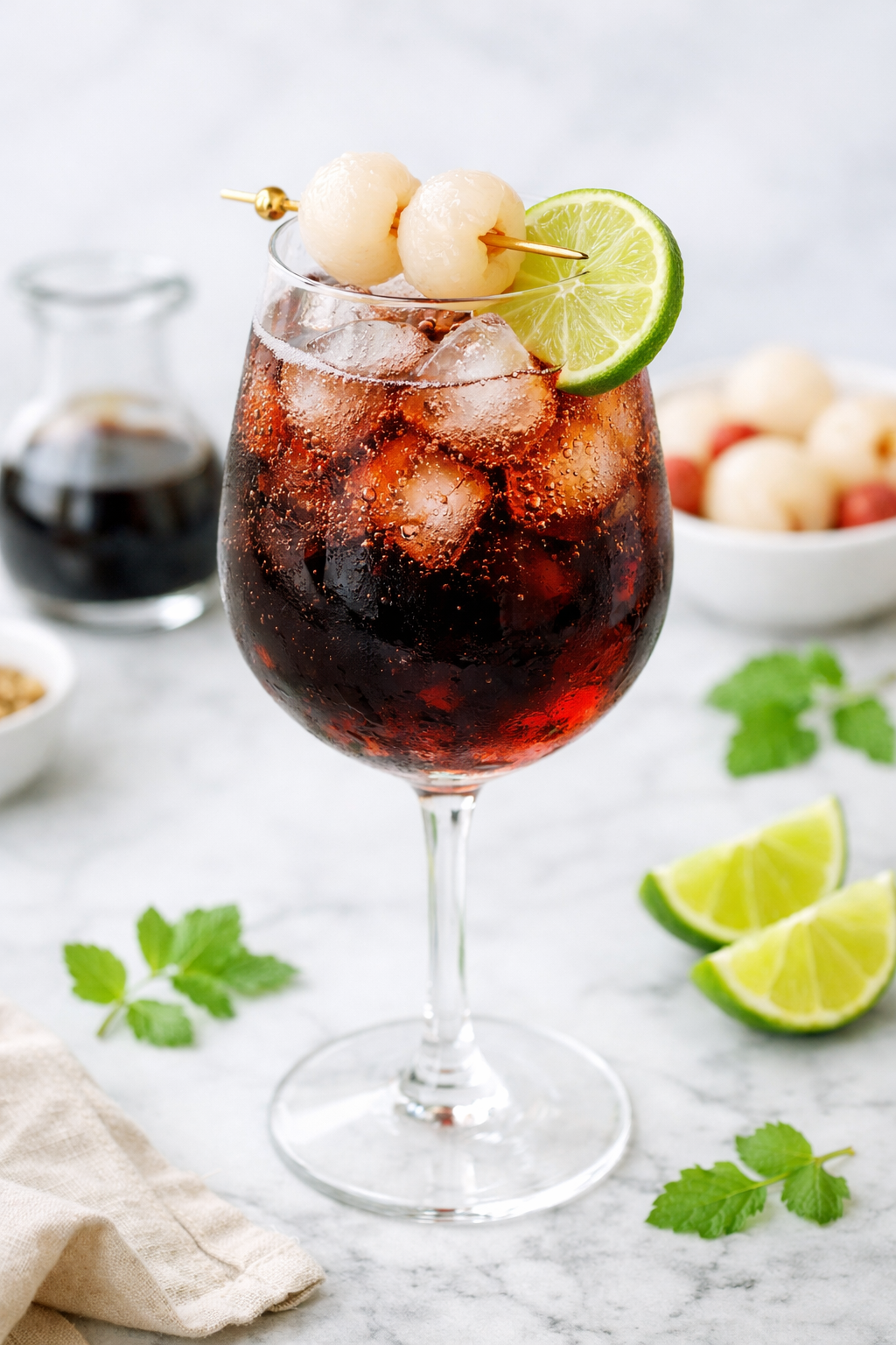 Bright and fresh Lychee Noir Spritz cocktail in a wine glass with dark ruby color, garnished with lychee fruits on a gold skewer and a lime wheel, surrounded by mint leaves and lime wedges.
