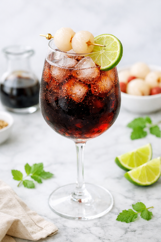 Bright and fresh Lychee Noir Spritz cocktail in a wine glass with dark ruby color, garnished with lychee fruits on a gold skewer and a lime wheel, surrounded by mint leaves and lime wedges.