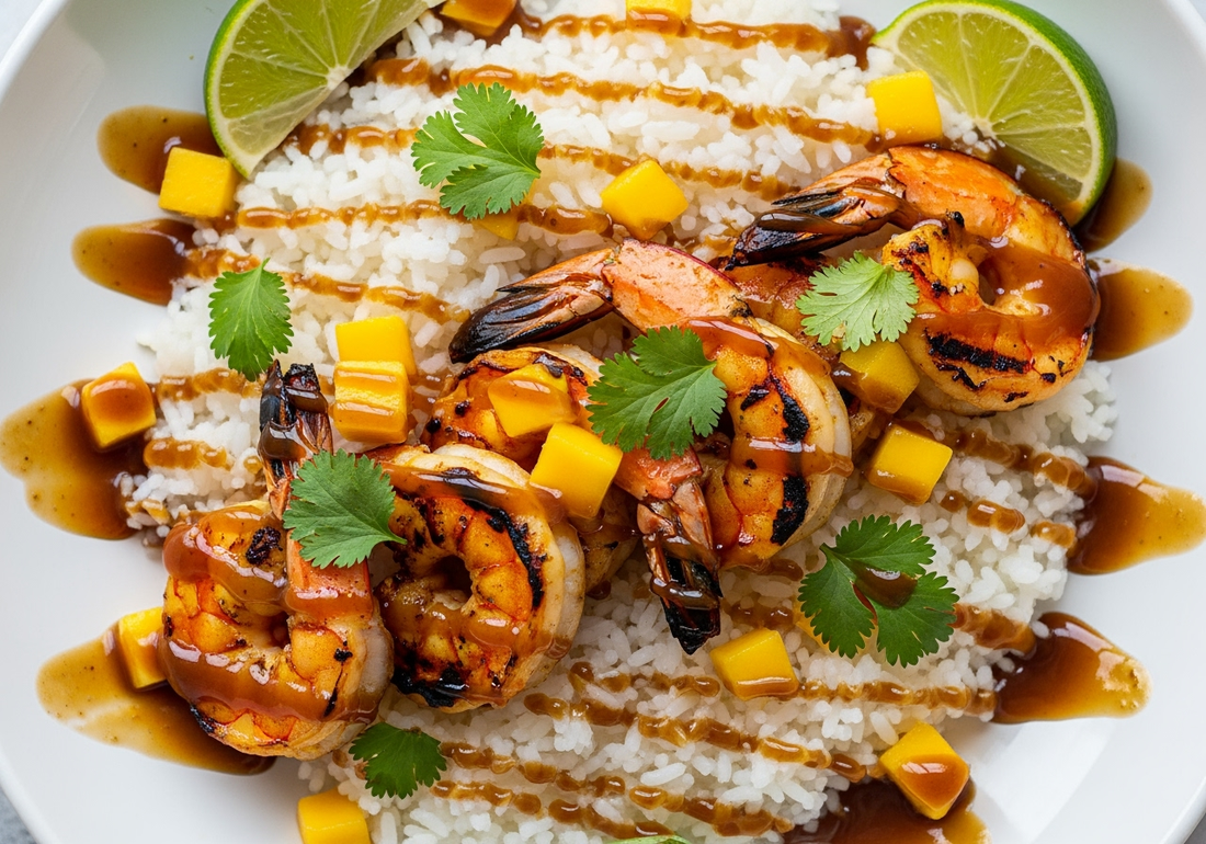 Golden grilled prawns with beautiful grill marks served over fluffy white coconut rice, generously drizzled with glossy balsamic and mango reduction sauce. 